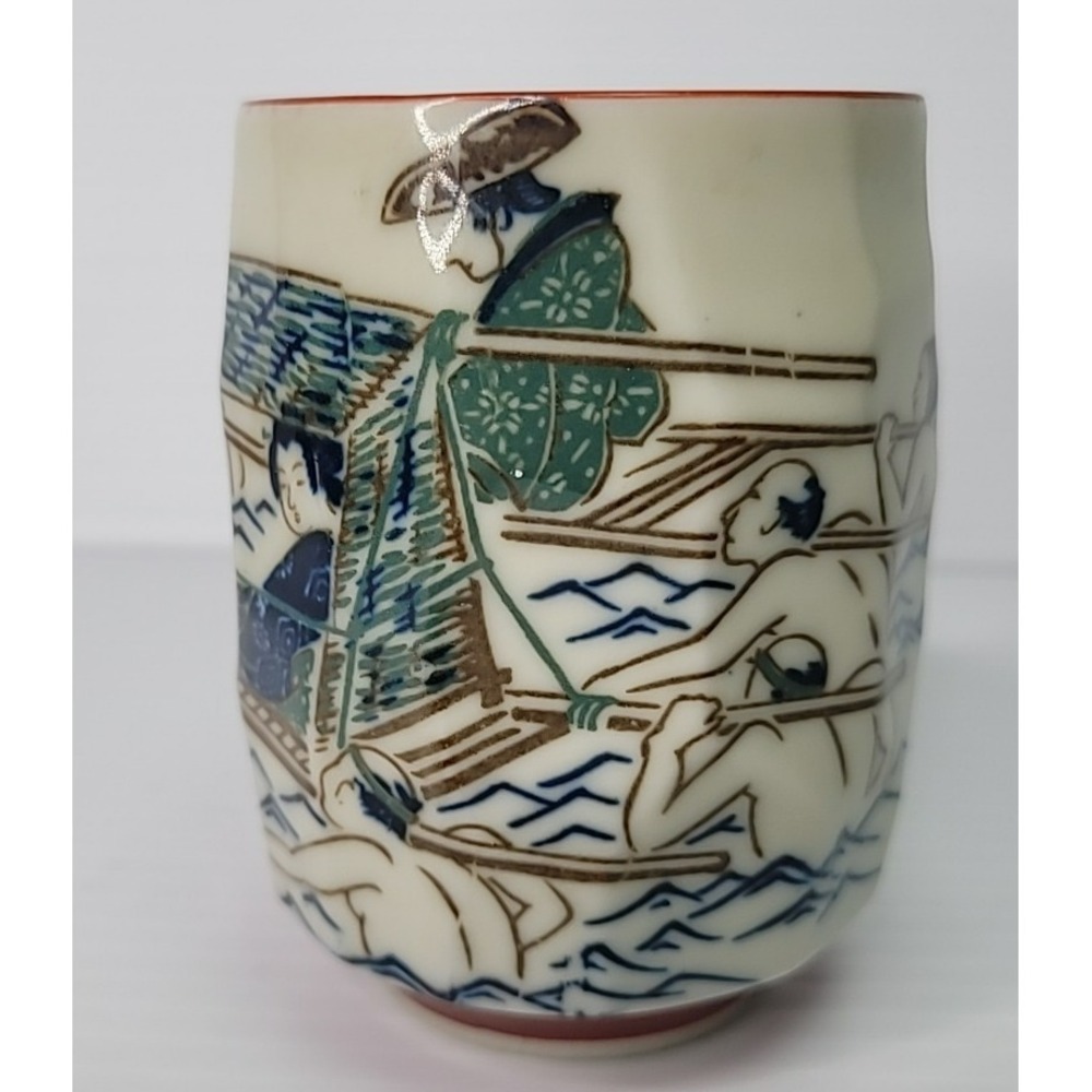 Japanese Mid Century Stoneware Yunomi Sushi Tea Cup 3 3/4" Rowing Emperor RARE - Picture 2 of 7